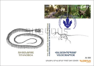 Armenia 2021 FDC Mi 1198-9 Fauna Ancient snake Titanoboa Velociraptor dinosaur - Picture 1 of 1