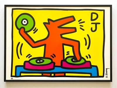 KEITH HARING ESTATE RARO 1998 LITOGRAFÍA IMPRESIÓN ENMARCADA PÓSTER ARTE POP "DJ" 1983 Foto 1 de 4