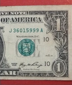 $1 One Dollar Bill Serial Number J36015999A Series 2006 Over Inked Error  - Picture 1 of 5