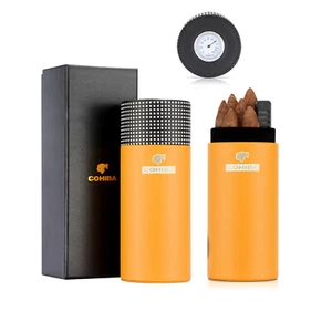 Gelbes Reise Zedernholz Zigarrenetui Humidor Hygrometer Halter 4-6 Tuben Tragbar - Bild 1 von 9