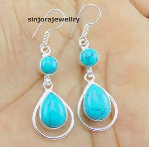 Pendientes colgantes hechos a mano de plata de ley 925 con piedras preciosas turquesa 2" - Imagen 1 de 4