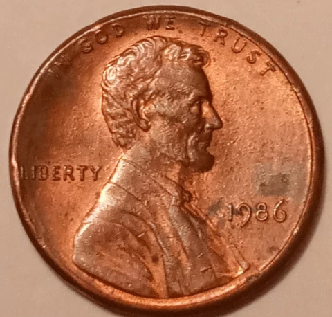 1986 P Lincoln Memorial Penny With Strike Through on Reverse Cover