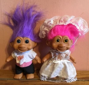 Troll Doll Lot Of 2 T.N.'T 1991 Wedding Bride & Groom Yellow & Blue Eyes - Picture 1 of 13