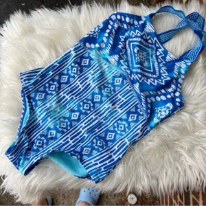 SO Blue and White Aztec Print Criss Cross Back One Piece Swimsuit - Picture 1 of 4