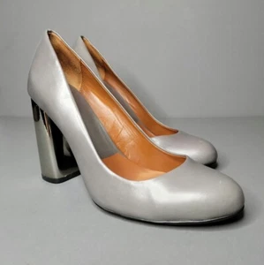 ZARA Grey Leather Pumps With Chrome Metallic Block Heel - Picture 1 of 11