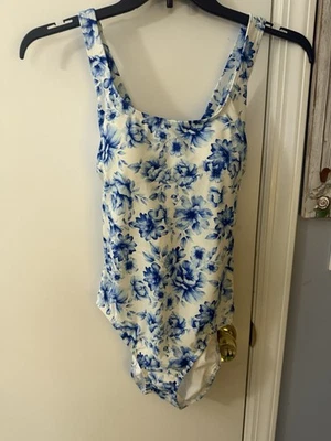 ¡NUEVO! Traje de baño Lands' End para mujer sin tirones con espalda en X - pintura blanca floral talla 12 Foto 1 de 4