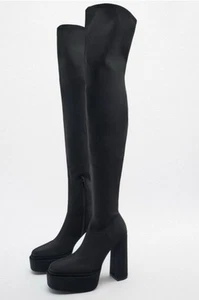 NEW ZARA Black Fabric Over-the-Knee Platform 5”HEEL Boots EU SIZE 40 - Picture 1 of 13