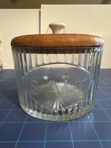 Vintage Hoosier Salt Ribbed Glass Box With Wood Lid, Rare Piece, See Photos. - Picture 1 of 6