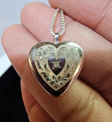 Sterling Engraved Flower Heart Pendant /Locket w/ 925 Italy Chain Necklace 17.5" - Image 1 of 4