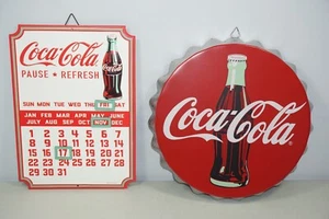 Coca-Cola Tin Metal Sign Lot Bottle Cap & Perpetual Calendar - Picture 1 of 12