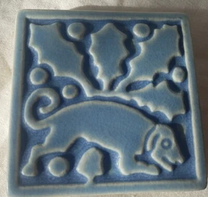 MOTAWI TILEWORKS Medieval Dog Blue Glazed Tile Approx 4”x4” - Picture 1 of 3