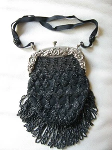 Antique Art Nouveau Silver Floral Frame Beaded Ribbon Crochet Black Bead Purse - Picture 1 of 12