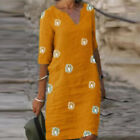 Damen-Baumwoll-Leinen-Kleid Mit V-Ausschnitt Urlaub Bedruckt Freizeitkleider D