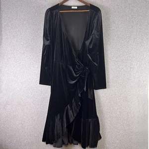 Kiyonna Whimsy Midi Dress Women 2X Black Velvet Ruffle Wrap Long Sleeve Cocktail - Picture 1 of 11