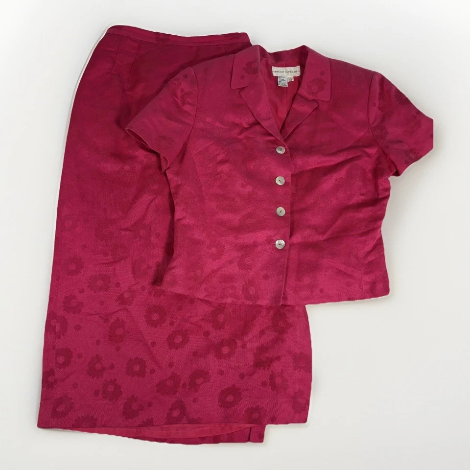 Conjunto de traje falda Maggy London para mujer 12/10 rosa floral lino muesca solapa verano Foto 1 de 4
