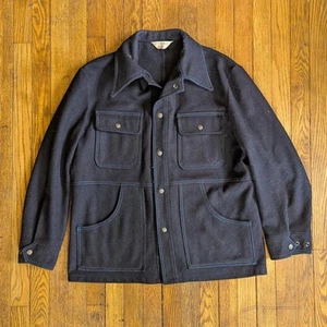 Vintage 1960s 70s Wool Hunting Coat Jacket Large Navy Button Up Fox Knapp - Picture 1 of 6