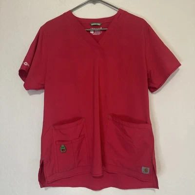 Carhartt Force Pink Raspberry Scrub Top Size Large Short Sleeve V Neck Pockets - Image 1 of 4