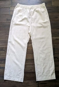 New Zara Linen Pants Natural Shade Relaxed Fit Straight Leg Elastic Waist Sz XL - Picture 1 of 6
