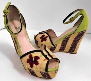 M Missoni Multi Open Toe Straw Suede Leather Platform Slingback Heels Italy 37 - Picture 1 of 6