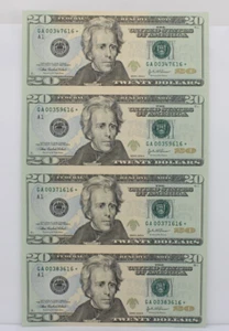 Uncut Sheet of Four (4) $20 Twenty Dollar Bills - 2004 A Star Note Uncirculated - Picture 1 of 4