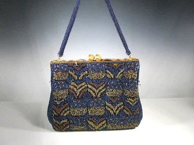 Cartera de noche vintage diseñada con cuentas azul pavo real con asa de cuentas 8" Foto 1 de 4