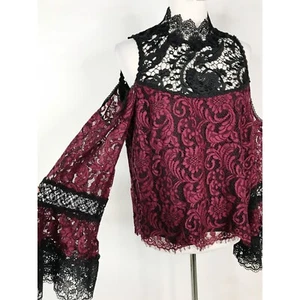Nanette Lepore Top Womens Large Black Red Burgundy Floral Lace Whimsigoth Fairy - Picture 1 of 16