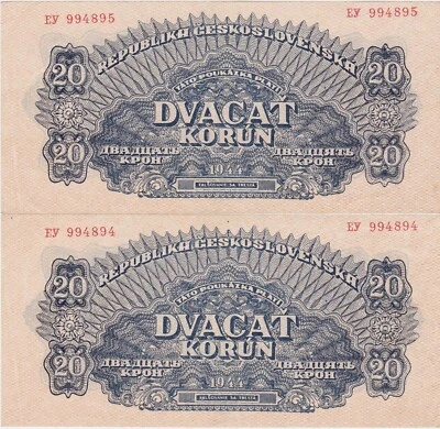 Czechoslovakia 2 X 20 Korun 1944 XF+ aUNC NOT Perforated consecutive - Image 1 of 2