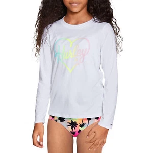Neu mit Etikett Hurley Mädchen feuchtigkeitsableitendes T-Shirt Rash Guard H2O-Dri weiß mit Herzlogo - Bild 1 von 4