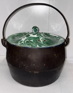 VTG Marietta 4 Qts Cast Iron Gypsy Kettle Bean Pot Cauldron Graniteware Lid - Picture 1 of 10