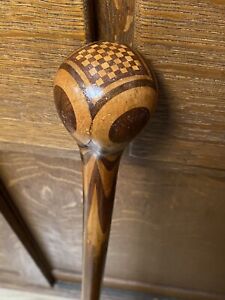 37” Antique Early Chess Board Wood Inlaid Knob Walking Stick Cane Bone Folk Art