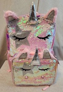 Pink Unicorn Backpack w Detachable Lunch Cooler Bag Sequined Iridescent Kids NEW - Picture 1 of 6