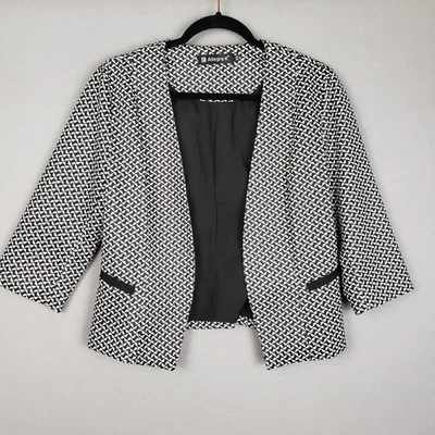 Allegra K Size XS Open Front Career Jacket Black White Geometric Buisnesscore - Image 1 of 4