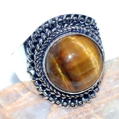 Anillo étnico ojo de tigre enchapado en plata 925 talla US 9,5 GW Foto 1 de 3