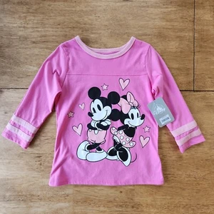 Disney Store Japan Mickey & Minnie Quarter Sleeve Pink Ringer TShirt Girls 7/8 - Picture 1 of 5
