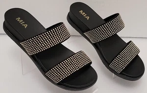 Mia "Romina" elegante Damen-Pantoletten schwarz-goldene Perlen zwei Riemen Größe 7,5 neu mit Karton - Bild 1 von 8