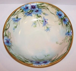 GORGEOUS SIGNED SAXONY GERMANY R.O. BRIGGS HAND PAINTED BLUE FLOWERS 10" BOWL - Picture 1 of 4