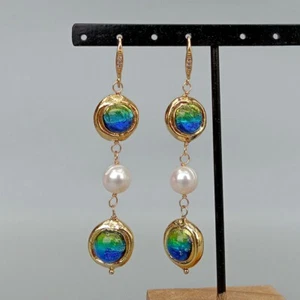 Freshwater Cultured White Keshi Pearl Blue Murano Glass DangleHook Earrings - Picture 1 of 6