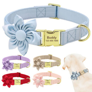 Soft Satin Personalised Dog Collar with Flower Metal Buckle Name ID Tag Engraved