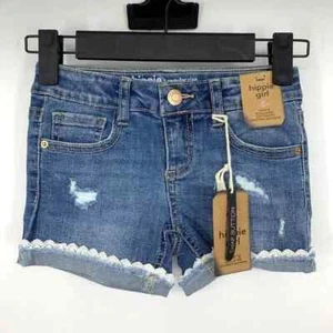 Hippie Girl Denim Shorts Kids Size 5 Shortie Snap Button Blue Distressed Crochet - Picture 1 of 6
