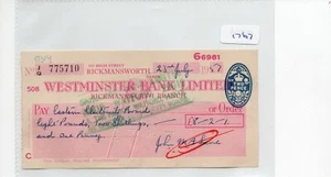 Cheque - (CH1767) - usado - década de 1950 - Westminster Bank, Rickmansworth - Imagen 1 de 1