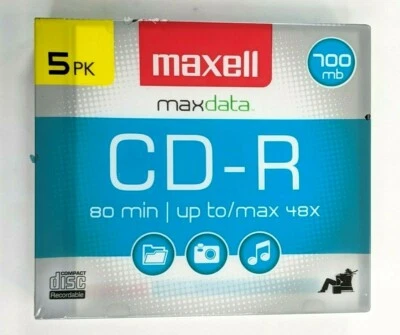 Maxell 5 Pack CD-R Blank Data 48X 700 Mb 80 Min Recordable CD Plastic Case NEW - Image 1 of 2