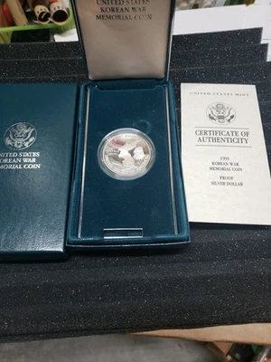 UNITED STATES MINT 1991 KOREAN WAR MEMORIAL COIN SILVER DOLLAR $1 PROOF+BOX+COA - Image 1 of 4