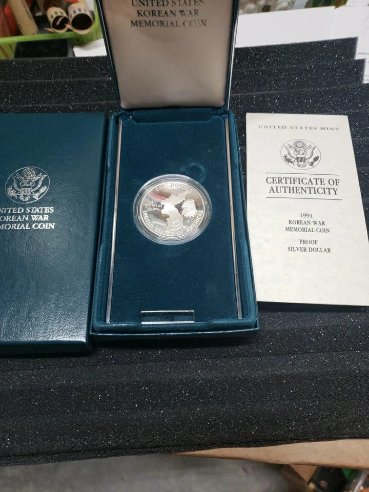 UNITED STATES MINT 1991 KOREAN WAR MEMORIAL COIN SILVER DOLLAR $1 PROOF+BOX+COA - Image 1 of 4