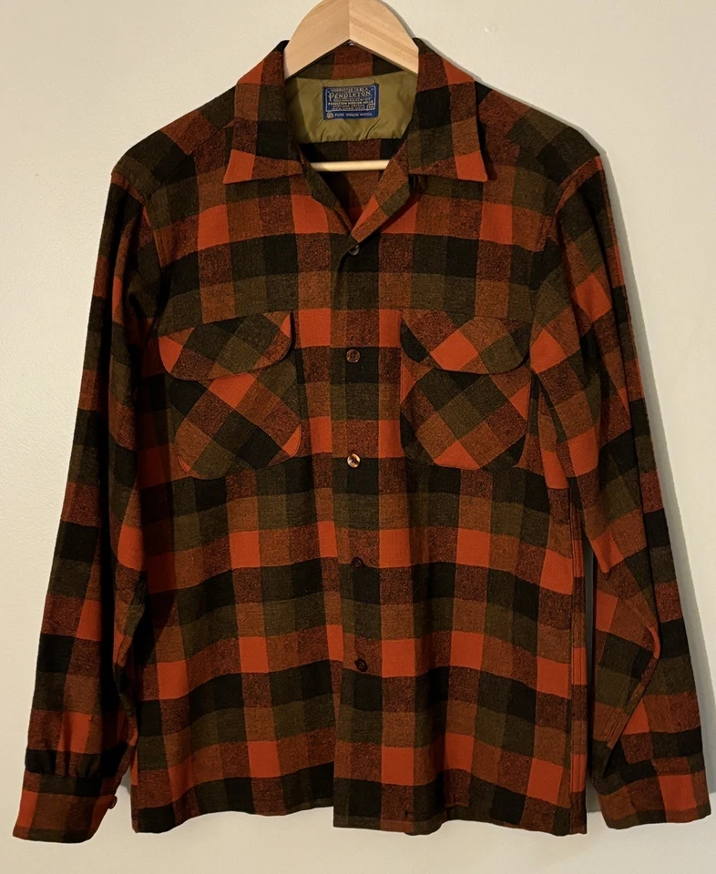 Camisa de tabla vintage de los años 60 Pendleton para hombre mediana naranja a cuadros lana pura cuello lazo Foto 1 de 4