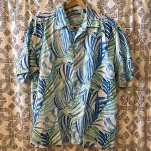Cubavera Hawaiian Shirt Mens XLBlue Vibrant Tropical Leaves Linen Blend Vacation - Picture 1 of 6