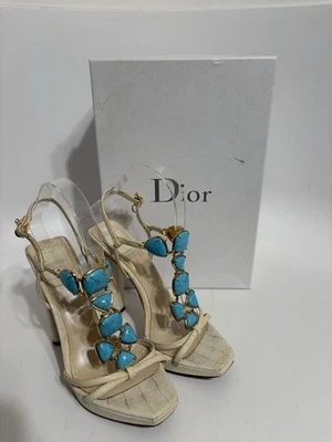 Vtg Christian Dior by John Galliano Ivory Croc Embossed Platform Sandal Heels 38 - Image 1 of 4