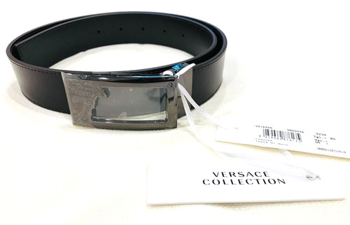 NUOVO! VERSACE COLLECTION Cintura uomo in pelle marrone Medusa argento scuro taglia 32 nuova con etichetta!
