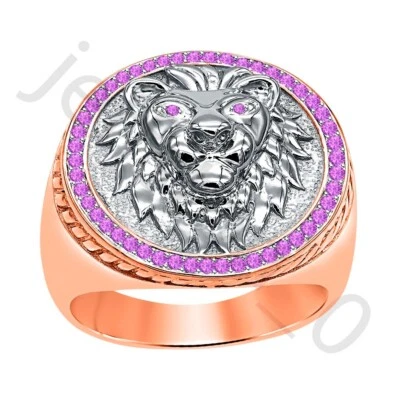 Anillo de hombre de oro bicolor de 14 quilates de amatista creada en laboratorio de 0,40 quilates sobre león de boda Foto 1 de 4