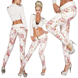 Pantalone donna jeans bianco floreale cotone skinny aderente nuovo # - Foto 1 di 12