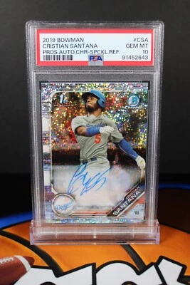2019 Bowman Chrome Prospects #CSA Cristian Santana Speckle Ref. Auto /299 PSA 10 - Image 1 of 4